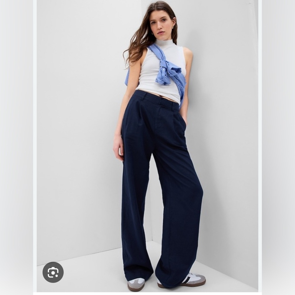 NWT GAP Linen-Cotton Pleated navy Wide-Leg Trousers
